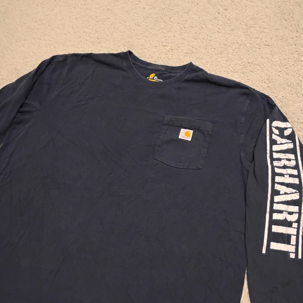 Carhartt Shirt Mens 2XL Blue Crew Navy Long Sleeve Pocket Graphic Logo Work Y2K